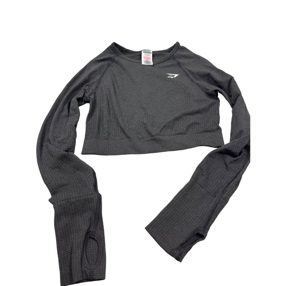 Gymshark Womens Medium Gray Long Sleeve Crop Top Thumb Holes Nylon Workout Gear